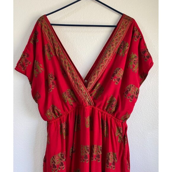 Lapogee Red Elephant Print Maxi Dress Boho V-Neck Maxi Dress Pockets Plus 3X - Picture 3 of 9